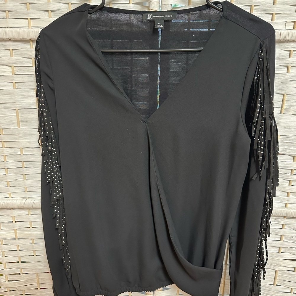 I.N.C. Black Long‎ Rhinestone Fringe Sleeves
